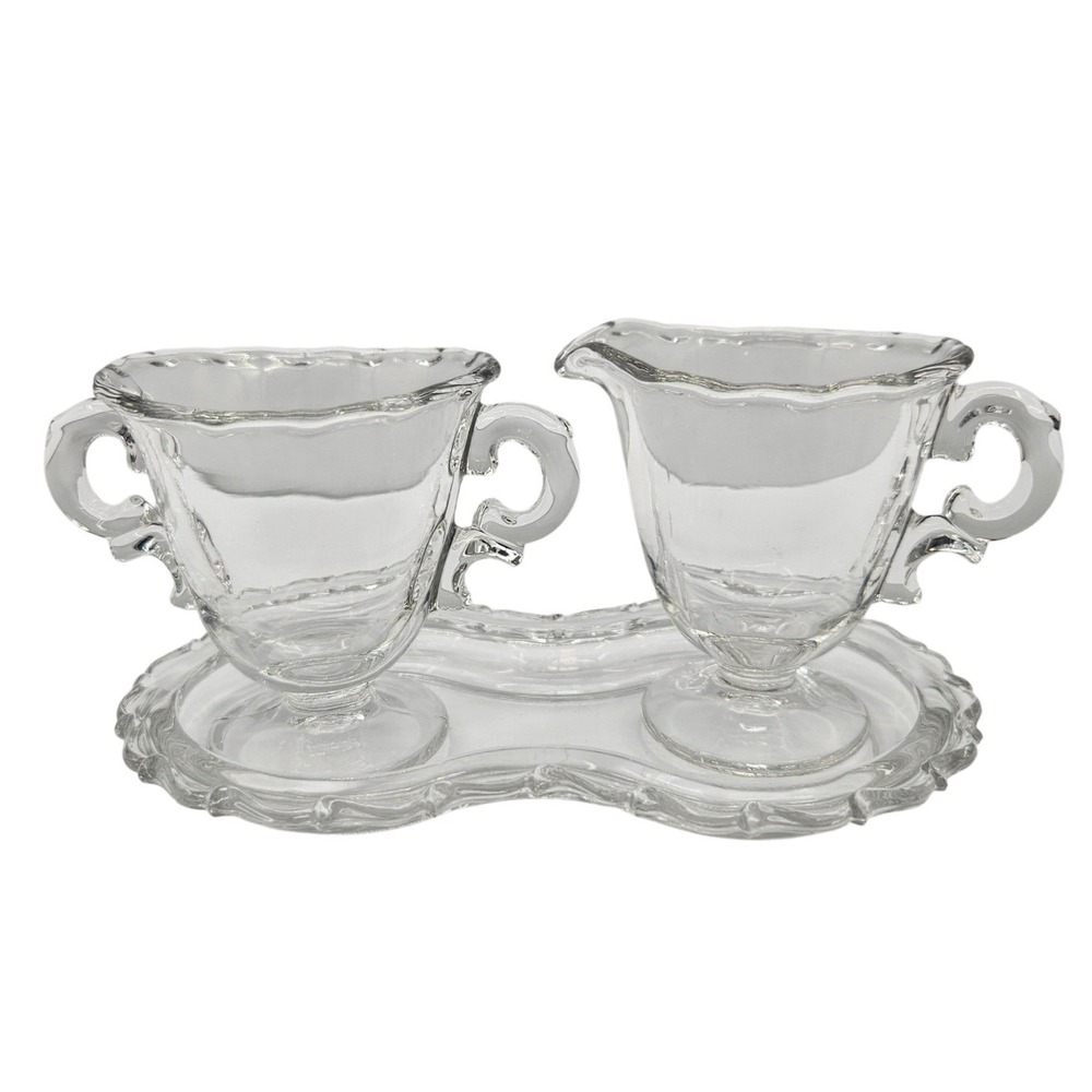 Fostoria Vintage Glass Cream & Sugar with Tray Scalloped Edge Set